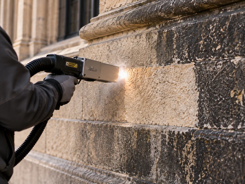 Een technieker reinigt een donkere, vervuilde stenen gevel met een laserapparaat, waardoor de lichte steen eronder tevoorschijn komt